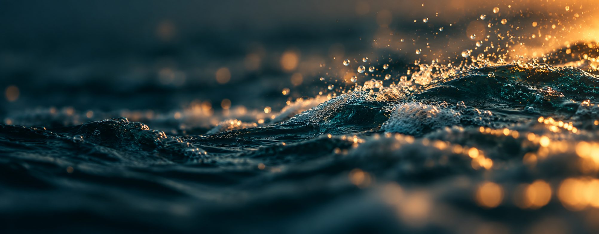 Close-up of ocean spray lit by warm sunlight
